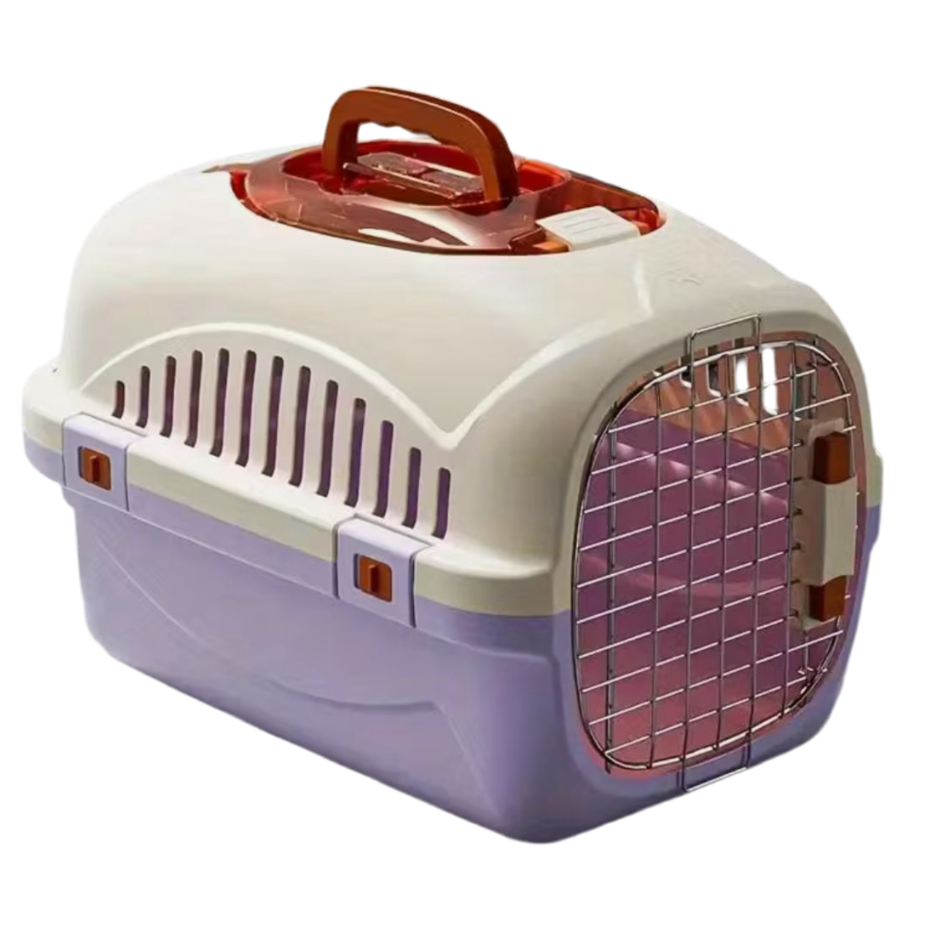 Durable top-load cat carrier with front metal gate.