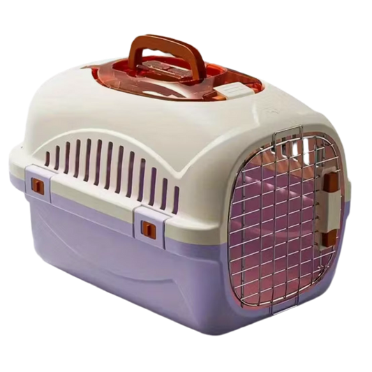 Durable top-load cat carrier with front metal gate.