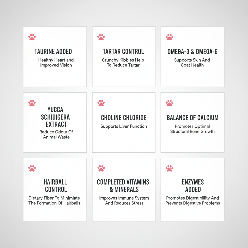 List of ingredients and their benefits of Kit Cat Signature Salmon Cat food on a white background. 