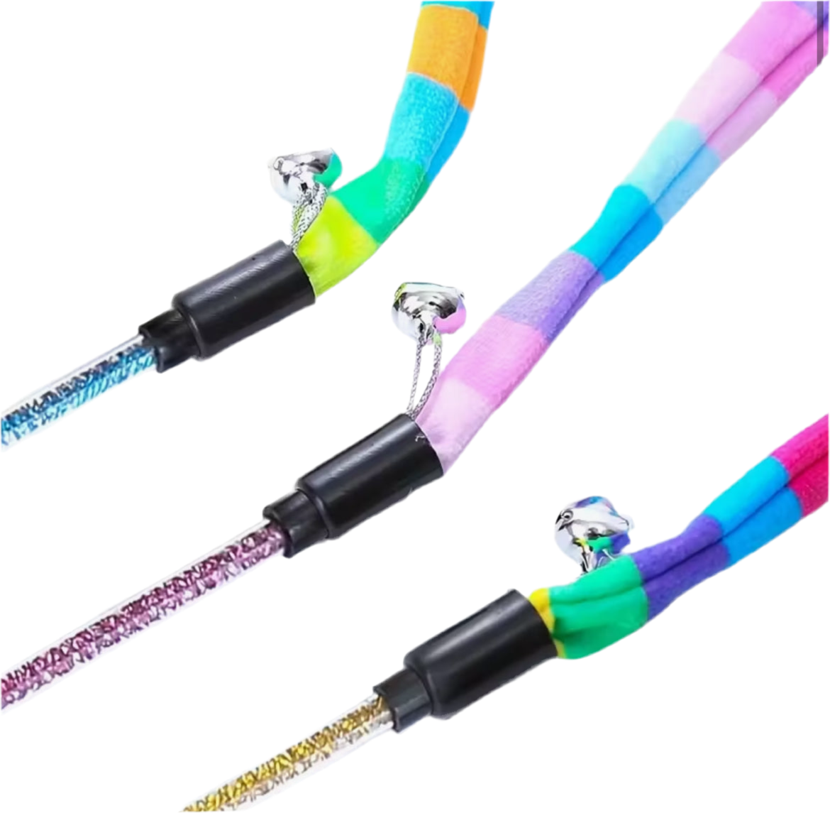 A colourful cat teaser with a glitter-infused wand and colourful linen teaser. 