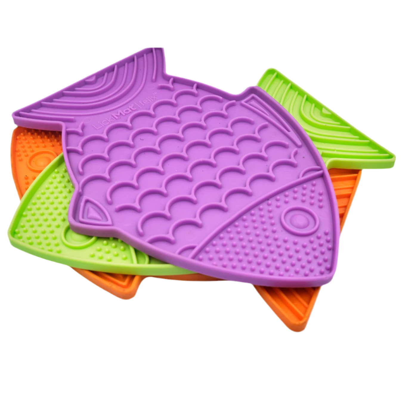 set of colourful Lickimat Felix mats for cats