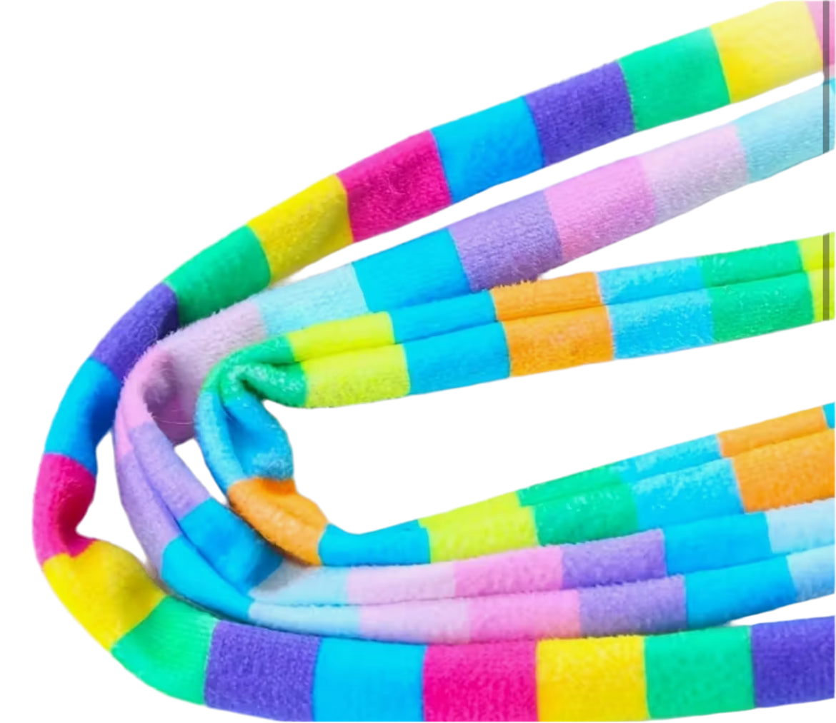 a close-up of three cat teasers' colourful linen. 