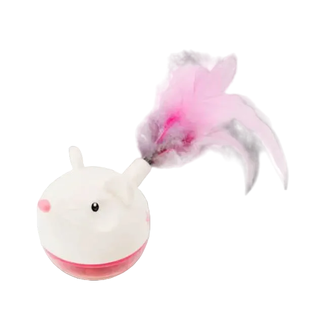 White and pink toy with a feather on a white background