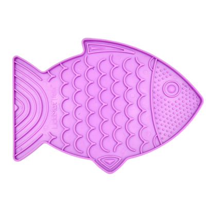 purple fish-shaped Lickimat Felix slow feeder for cats