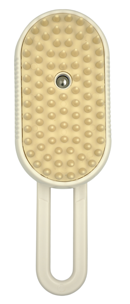 cat grooming brush in khaki with mist spray function – front view