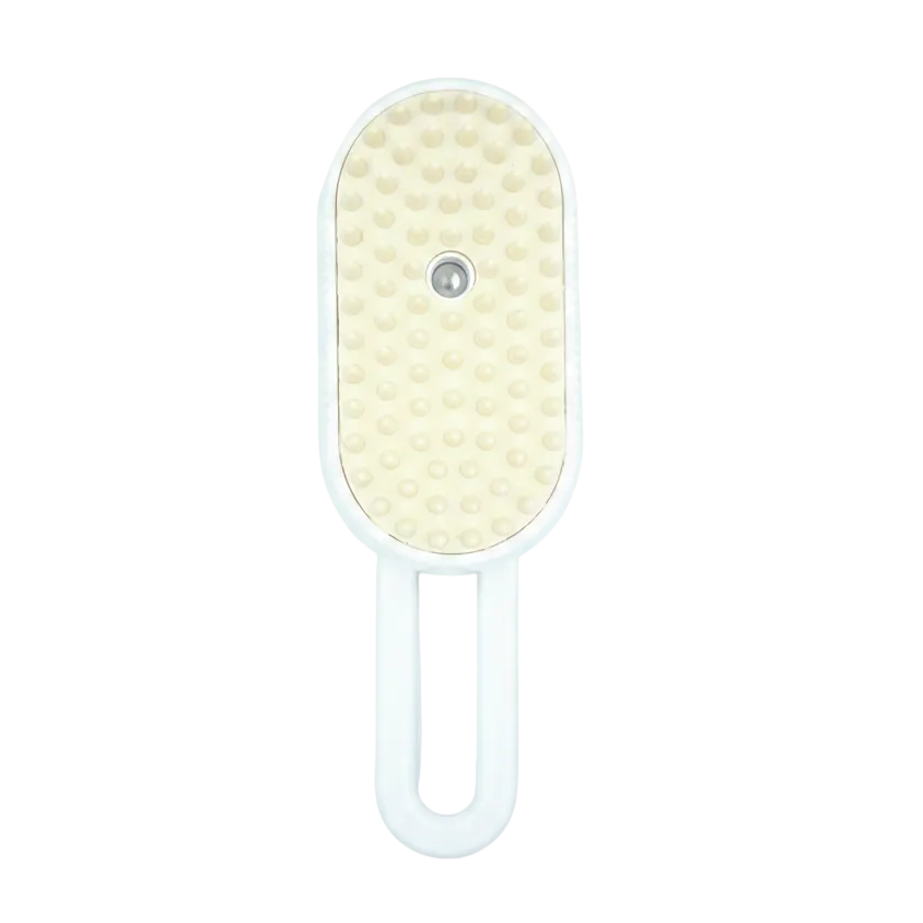 cat grooming brush in white with mist spray function – front view