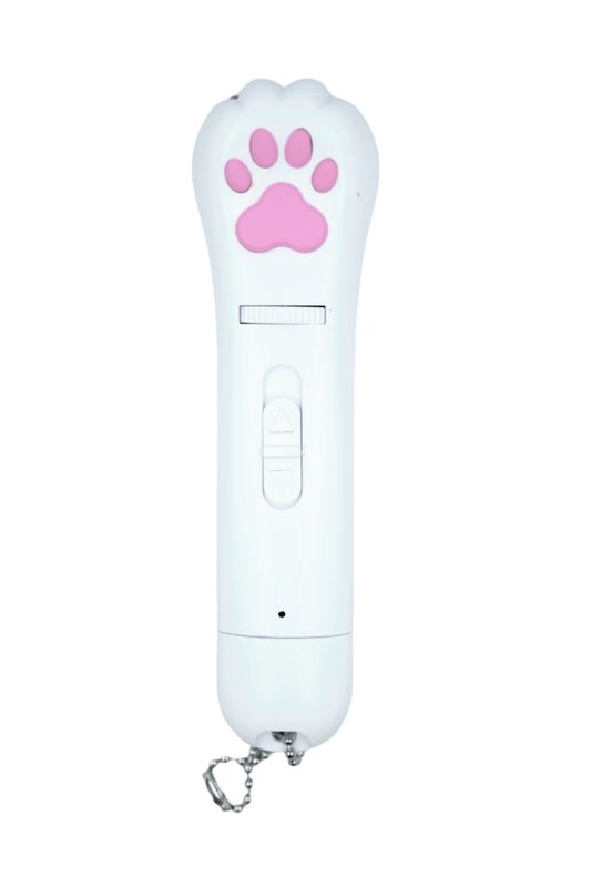 USB rechargeable cat laser toy projector – The Pawjector. Cat paw shaped LED light toy with UV and white floodlight