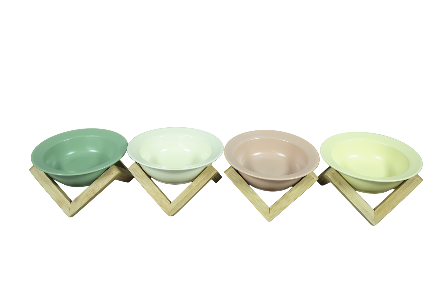 Omertà ceramic cat bowl with bamboo stand, tilted design. In sage green, cream, pink and yellow. 