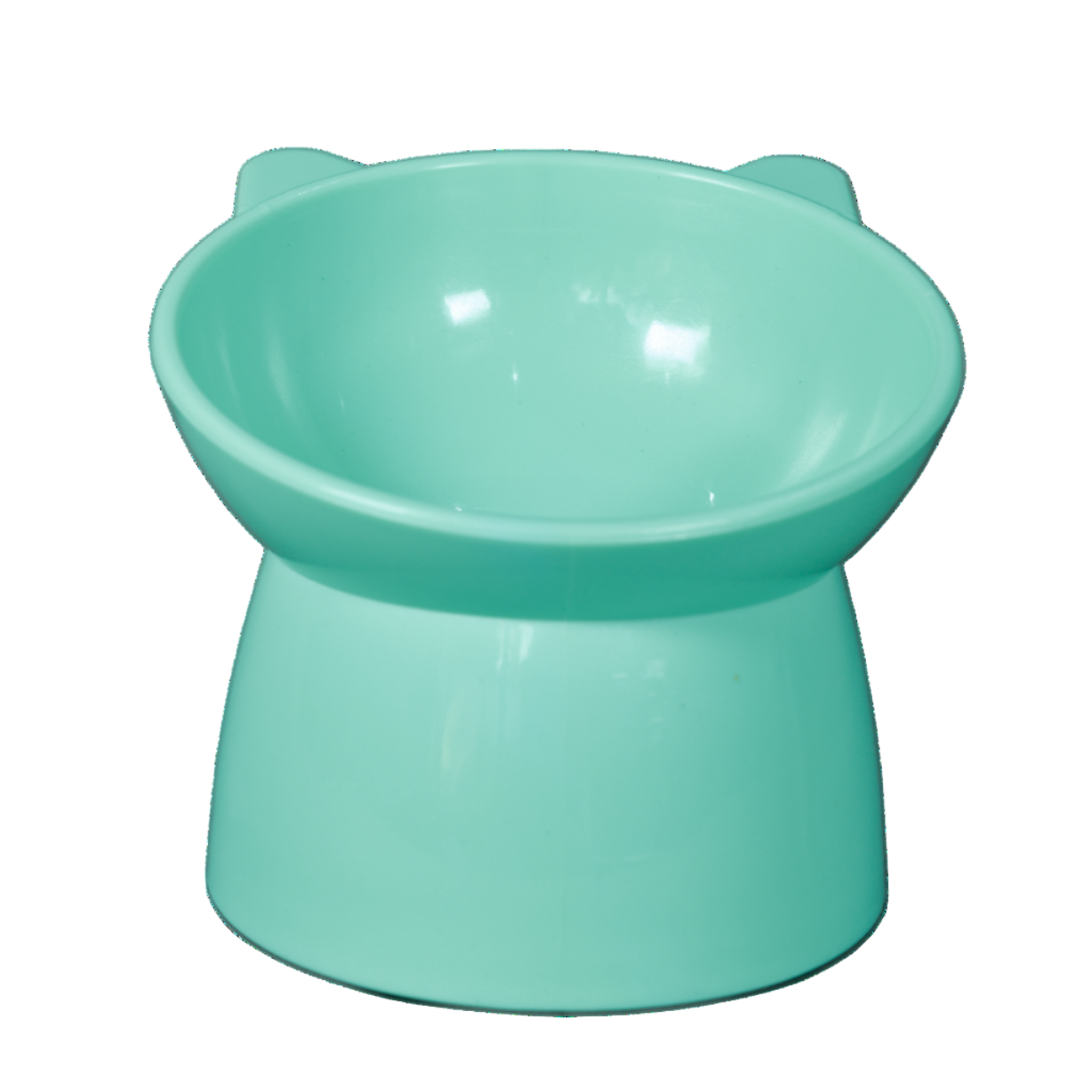 Green elevated plastic cat bowl front view. 