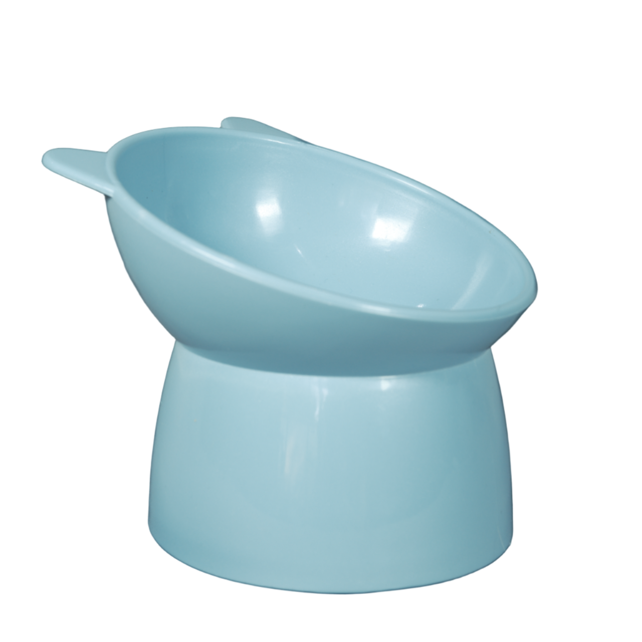 Blue elevated plastic cat bowl side view. 