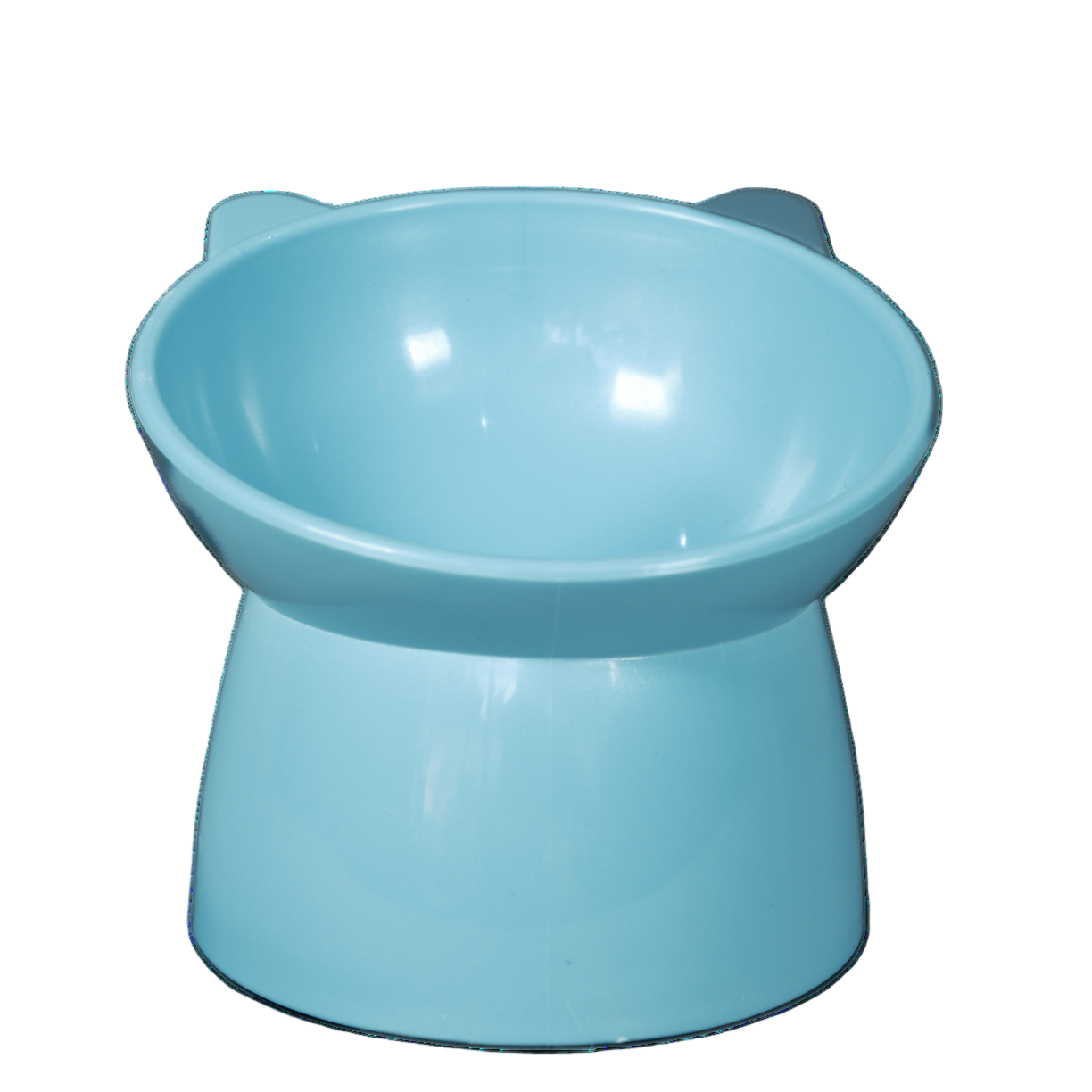 Blue elevated plastic cat bowl front view. 