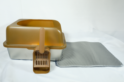 Brown pet litter box with a gray mat on a white background