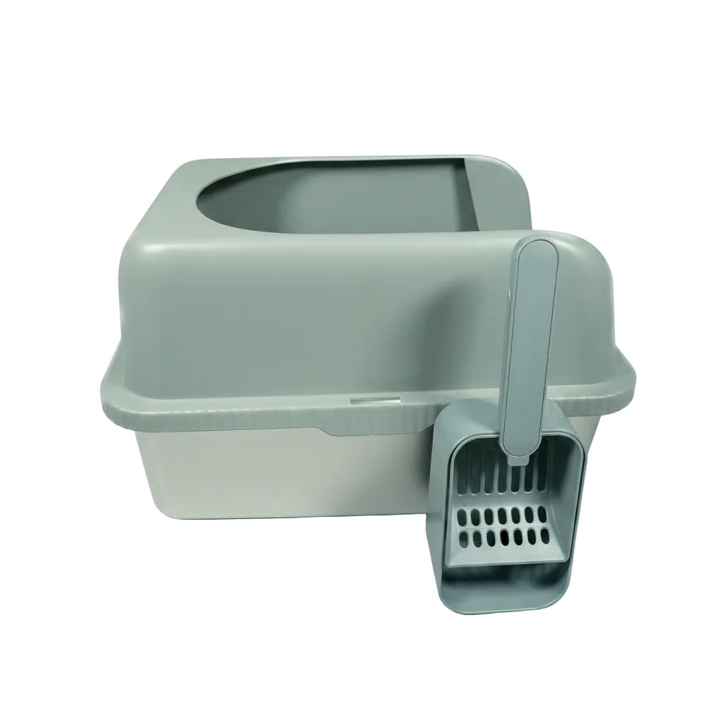 Gray stainless pet litter box with a scoop 