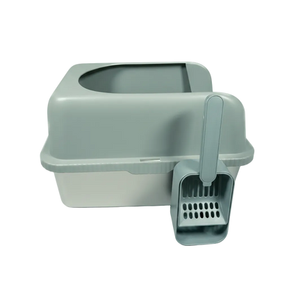 Gray stainless pet litter box with a scoop 