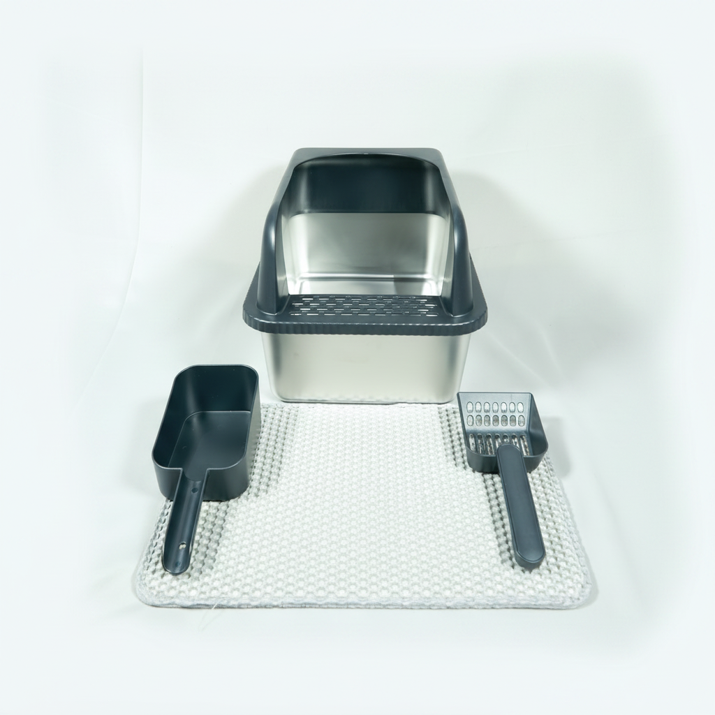 Cat litter box set with scoop, brush, and mat on a white background