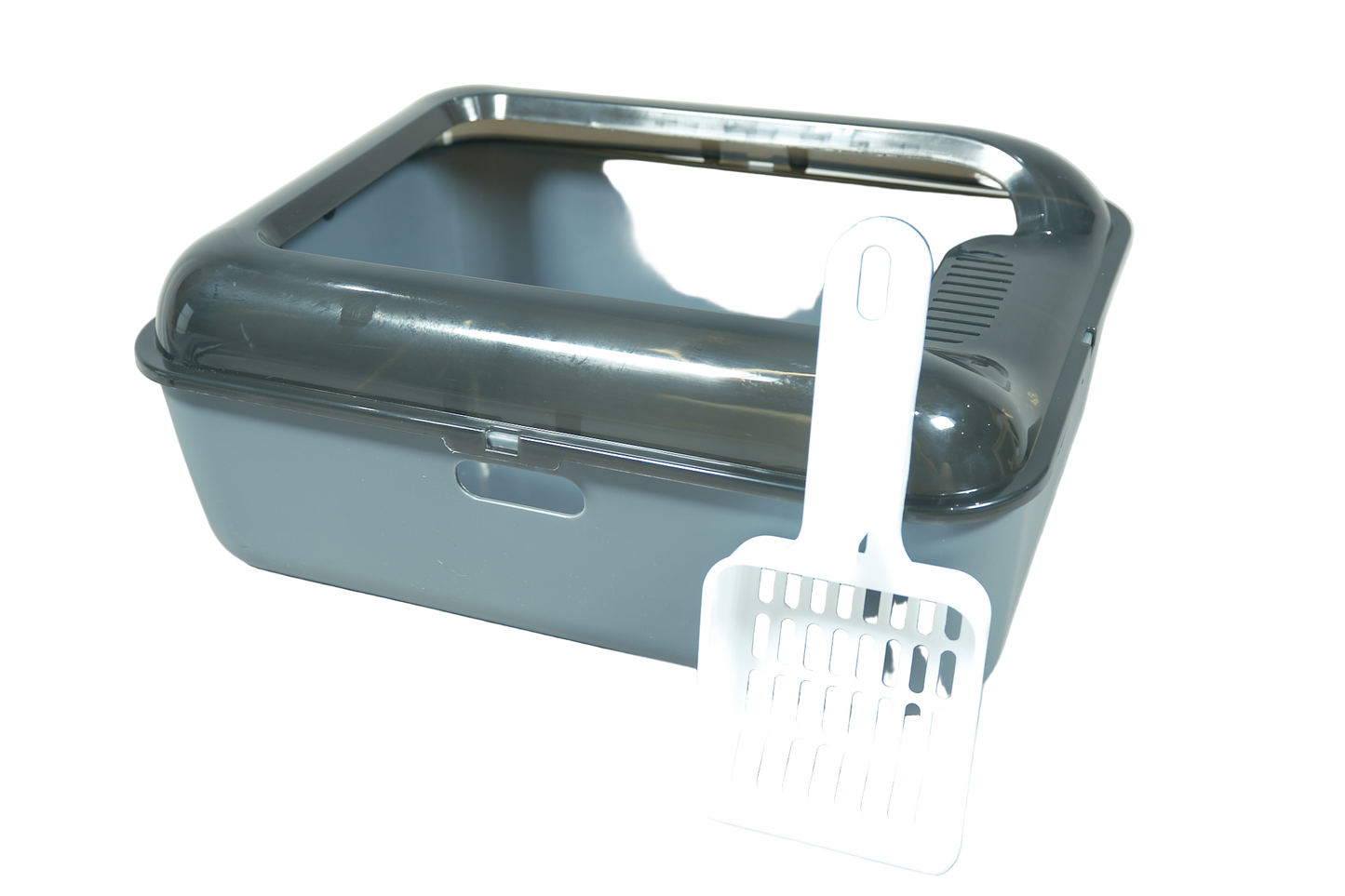 Grey Cat litter box with a white scoop on a white background