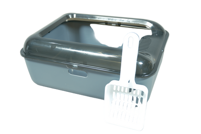 Grey Cat litter box with a white scoop on a white background