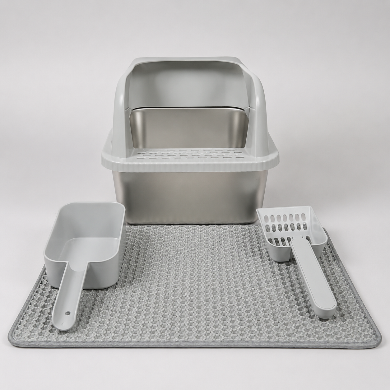 Stainless Steel Cat Litter Box with High Walls, Scoop & Mat | The Clean Getaway