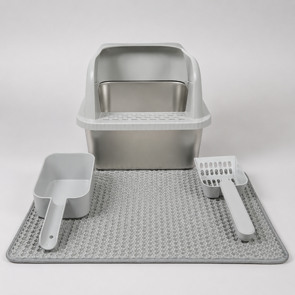 Stainless Steel Cat Litter Box with High Walls, Scoop & Mat | The Clean Getaway