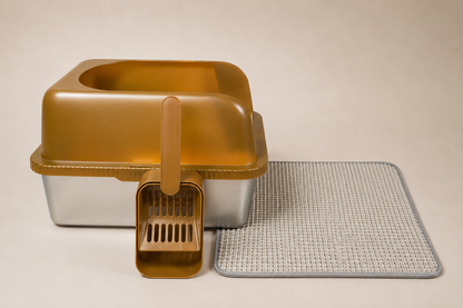Stainless Steel Cat Litter Box with High Walls, Scoop & Mat | The Clean Getaway