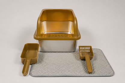 Stainless Steel Cat Litter Box with High Walls, Scoop & Mat | The Clean Getaway
