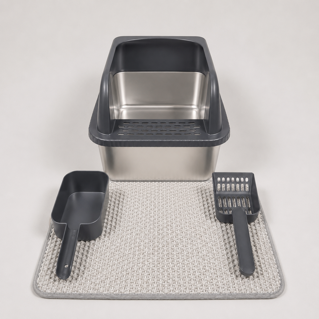 Stainless Steel Cat Litter Box with High Walls, Scoop & Mat | The Clean Getaway