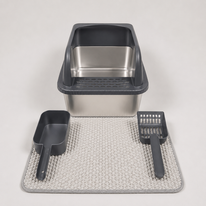 Stainless Steel Cat Litter Box with High Walls, Scoop & Mat | The Clean Getaway