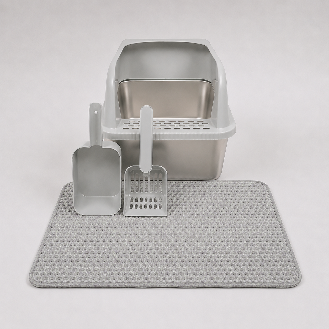 Stainless Steel Cat Litter Box with High Walls, Scoop & Mat | The Clean Getaway