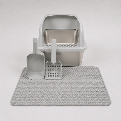 Stainless Steel Cat Litter Box with High Walls, Scoop & Mat | The Clean Getaway