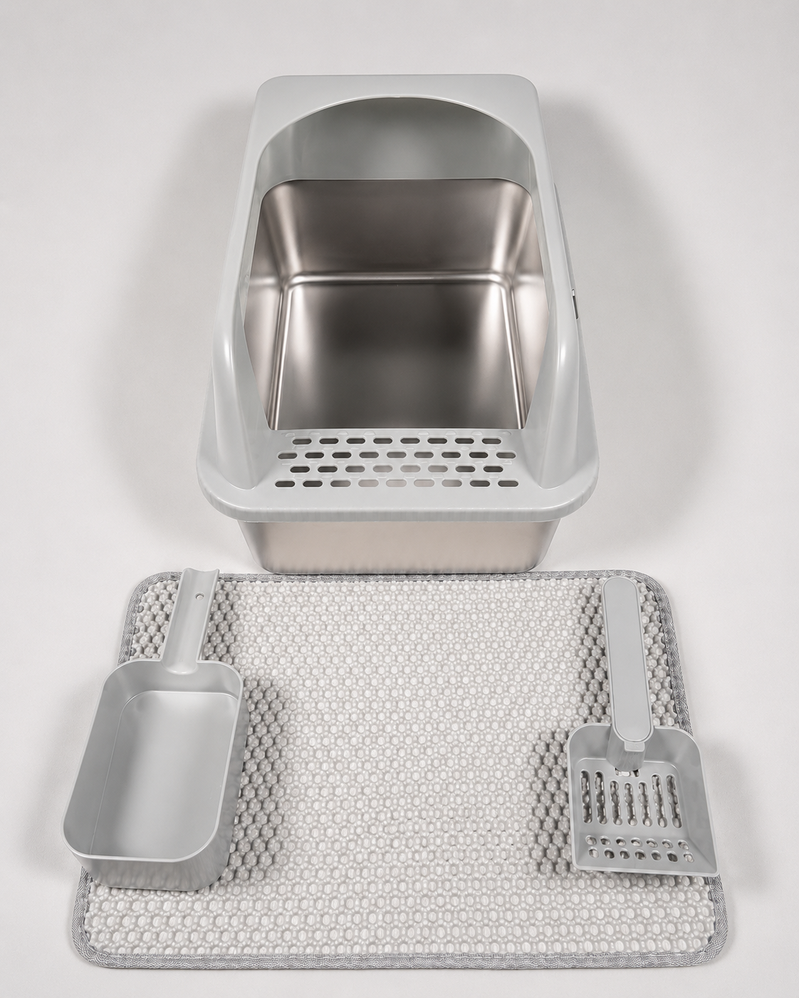 Stainless Steel Cat Litter Box with High Walls, Scoop & Mat | The Clean Getaway