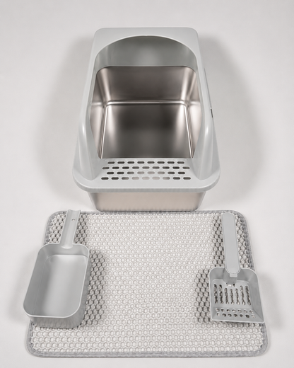 Stainless Steel Cat Litter Box with High Walls, Scoop & Mat | The Clean Getaway