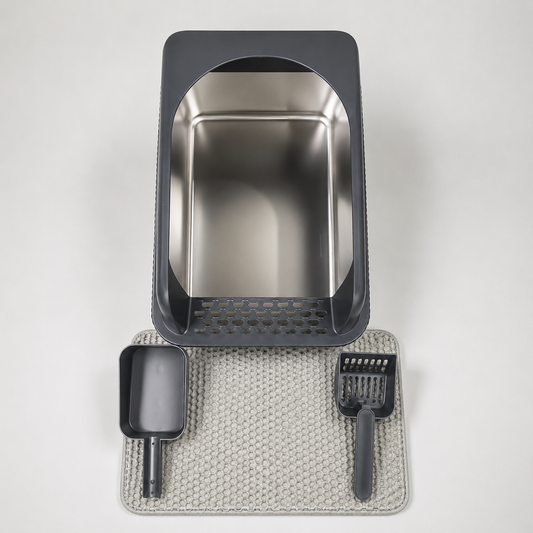 Stainless Steel Cat Litter Box with High Walls, Scoop & Mat | The Clean Getaway