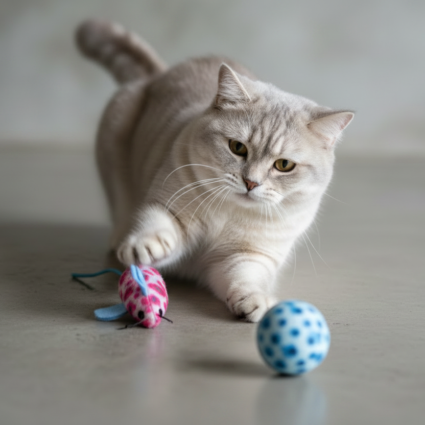 Cat playing with a Pawise toy mouse and ball on a concrete floor
