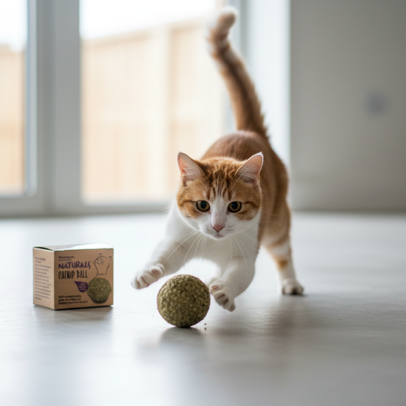 Cat playing with Rosewood Naturals Catnip Ball next to the packaging
