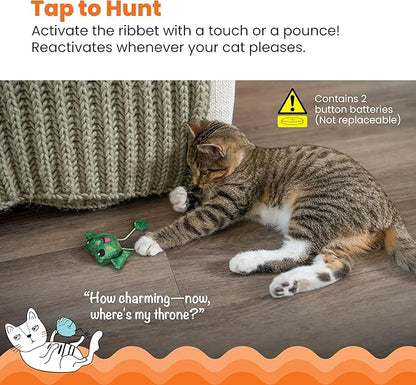 Cat playing with a green ribbeting toy on a wooden floor, with text and warning label.