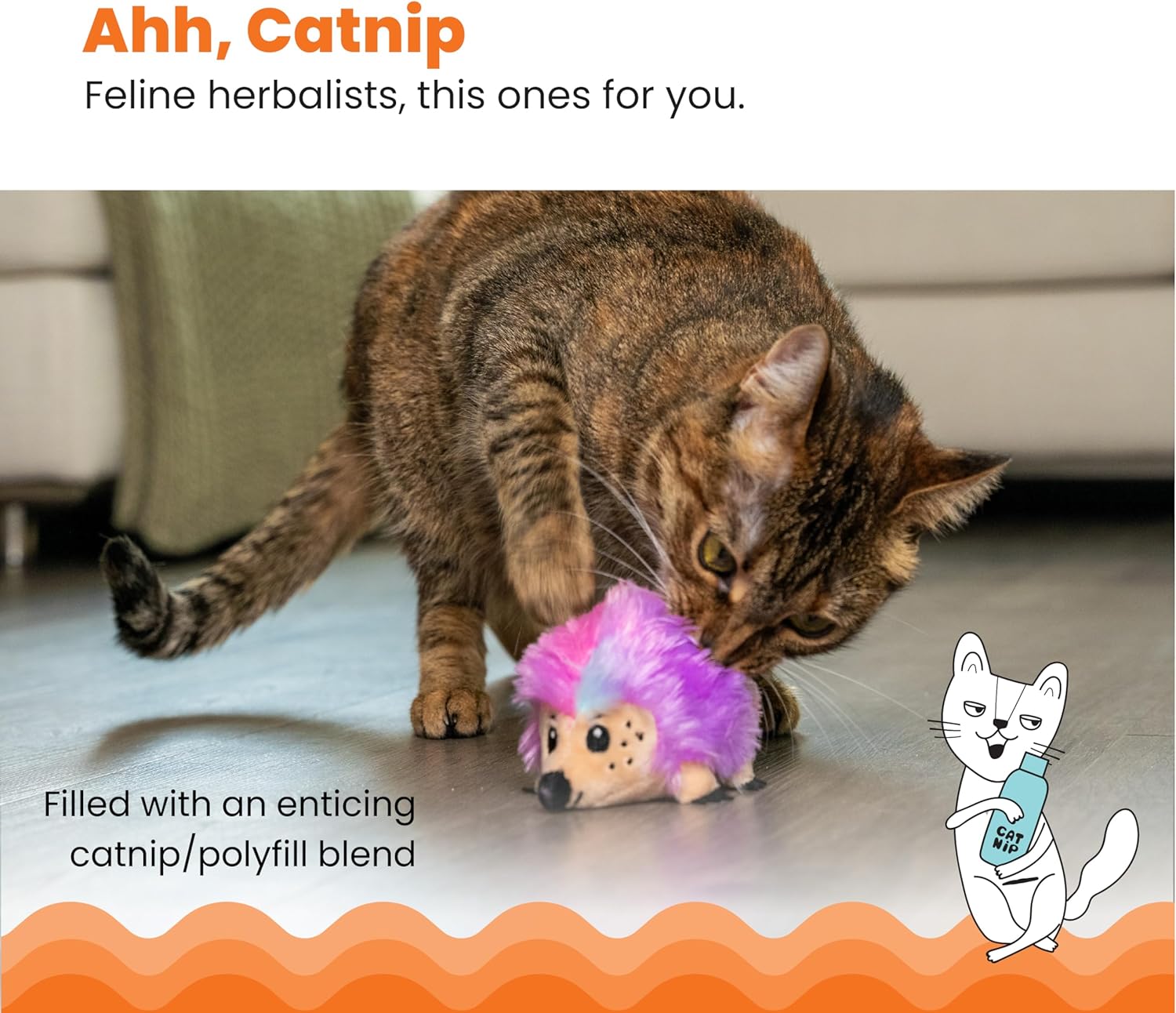 Cat playing with a toy hedgehog filled with catnip, with text about feline herbalists and a cartoon cat.