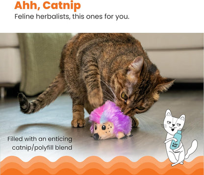 Cat playing with a toy hedgehog filled with catnip, with text about feline herbalists and a cartoon cat.