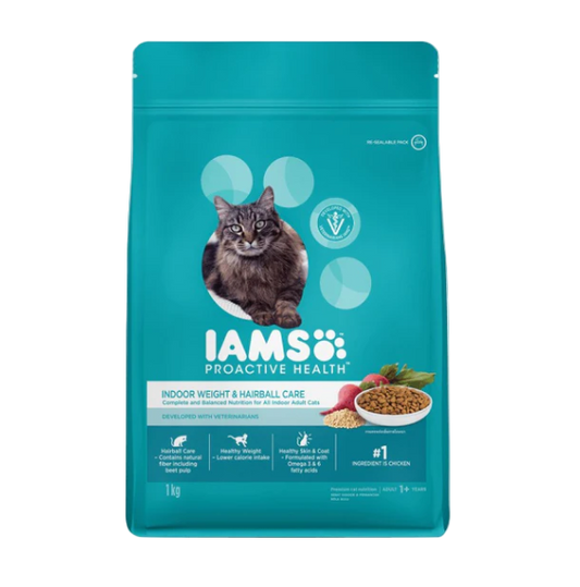 IAMS Indoor Weight and Hairball Care cat food 1kg bag front view
