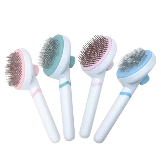 Four self-cleaning pet grooming brushes with different bristle designs on a white background