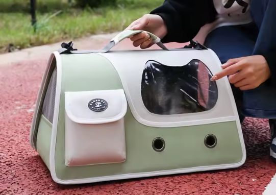 Light green foldable cat carrier bag with pocket and window
