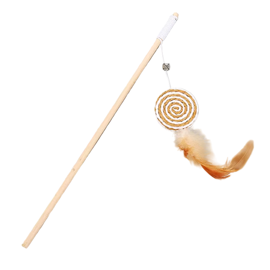 cat feather wand toy with wooden pole and jute lure
