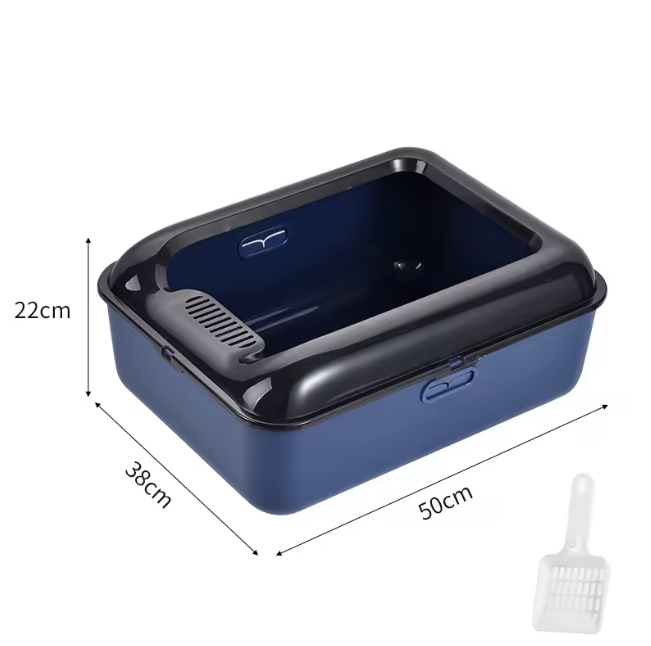 Blue medium pet litter box with dimensions and a white scoop on a white background