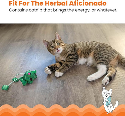 Cat playing with a green toy on a wooden floor, with text about catnip and energy.