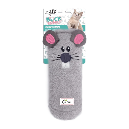 Grey plush sock toy with mouse face, pink ears, and embroidered whiskers