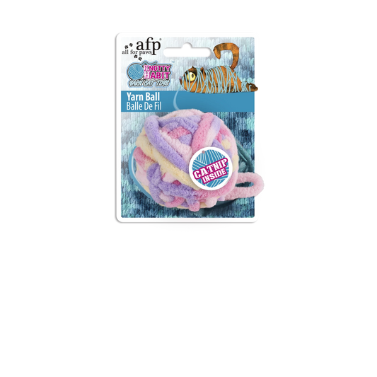 AFP yarn ball cat toy package showing pastel striped ball with dangling yarn tail