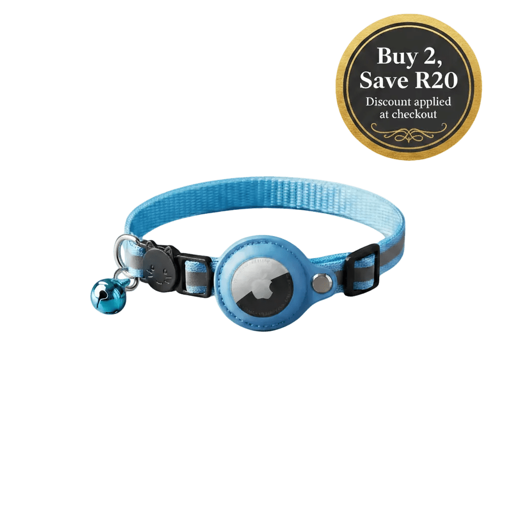 Blue AirTag cat collar with round holder and small paw charm