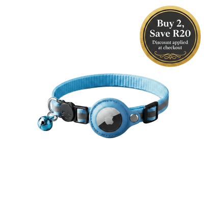Blue AirTag cat collar with round holder and small paw charm
