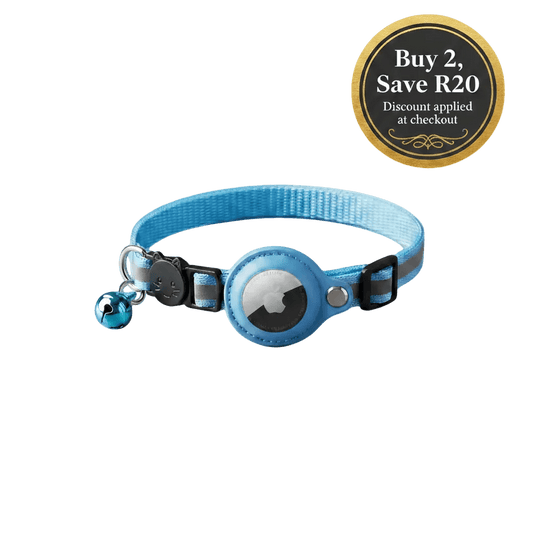 Blue AirTag cat collar with round holder and small paw charm