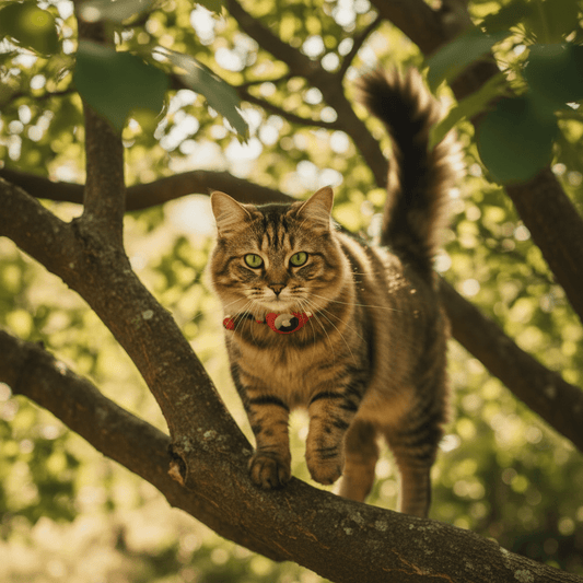 Cat wearing a red tracking collar with a round AirTag holder on a breakaway strap