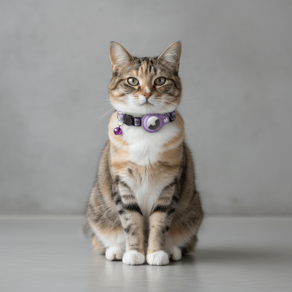 Cat wearing a purple collar with round tracker holder and bell charm